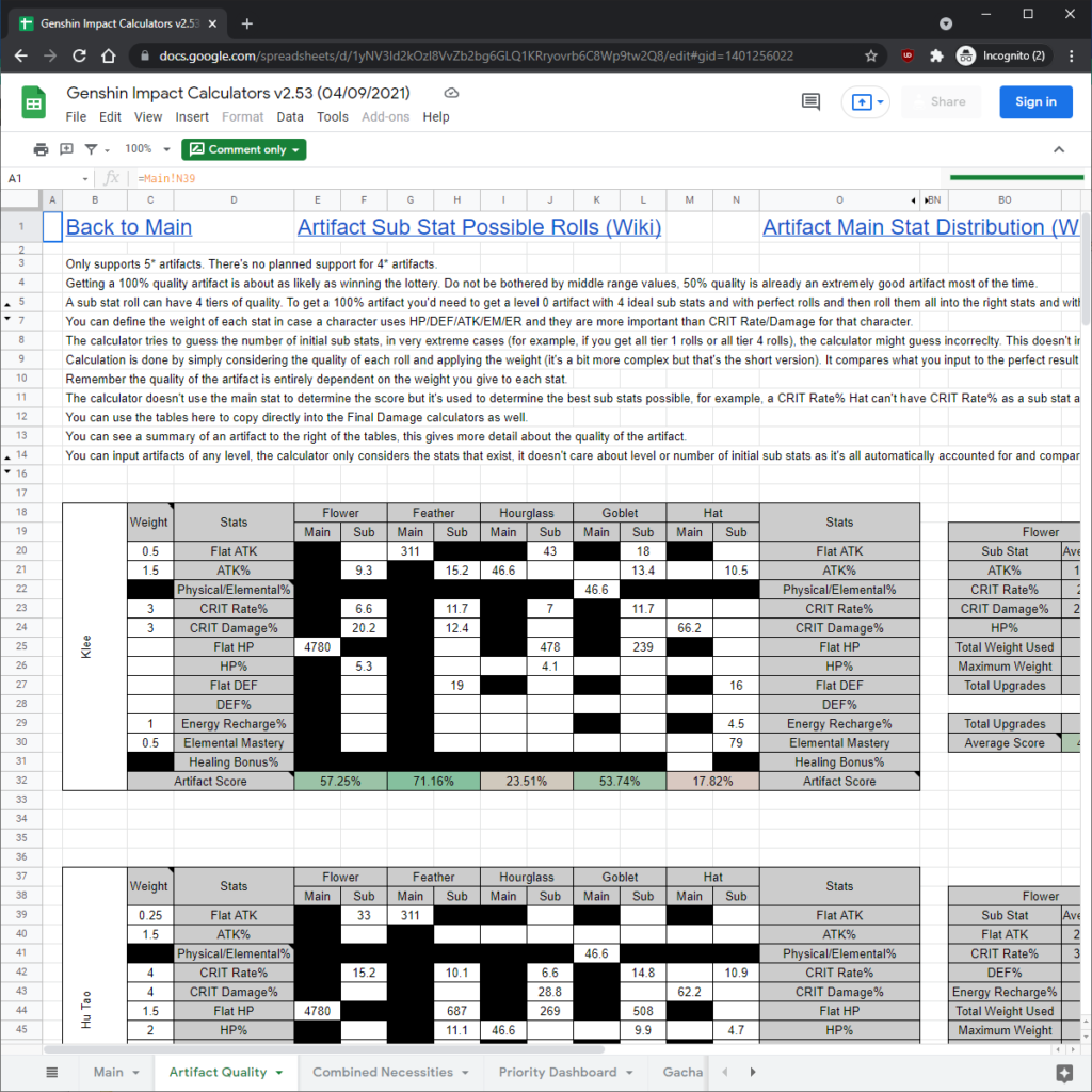 Genshin Impact Calculators GenSheets