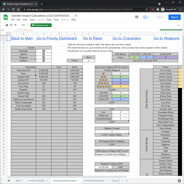 Genshin Impact Calculators GenSheets
