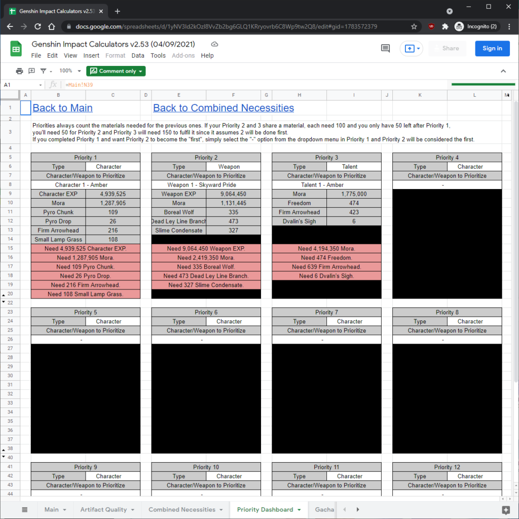 Genshin Impact Calculators GenSheets