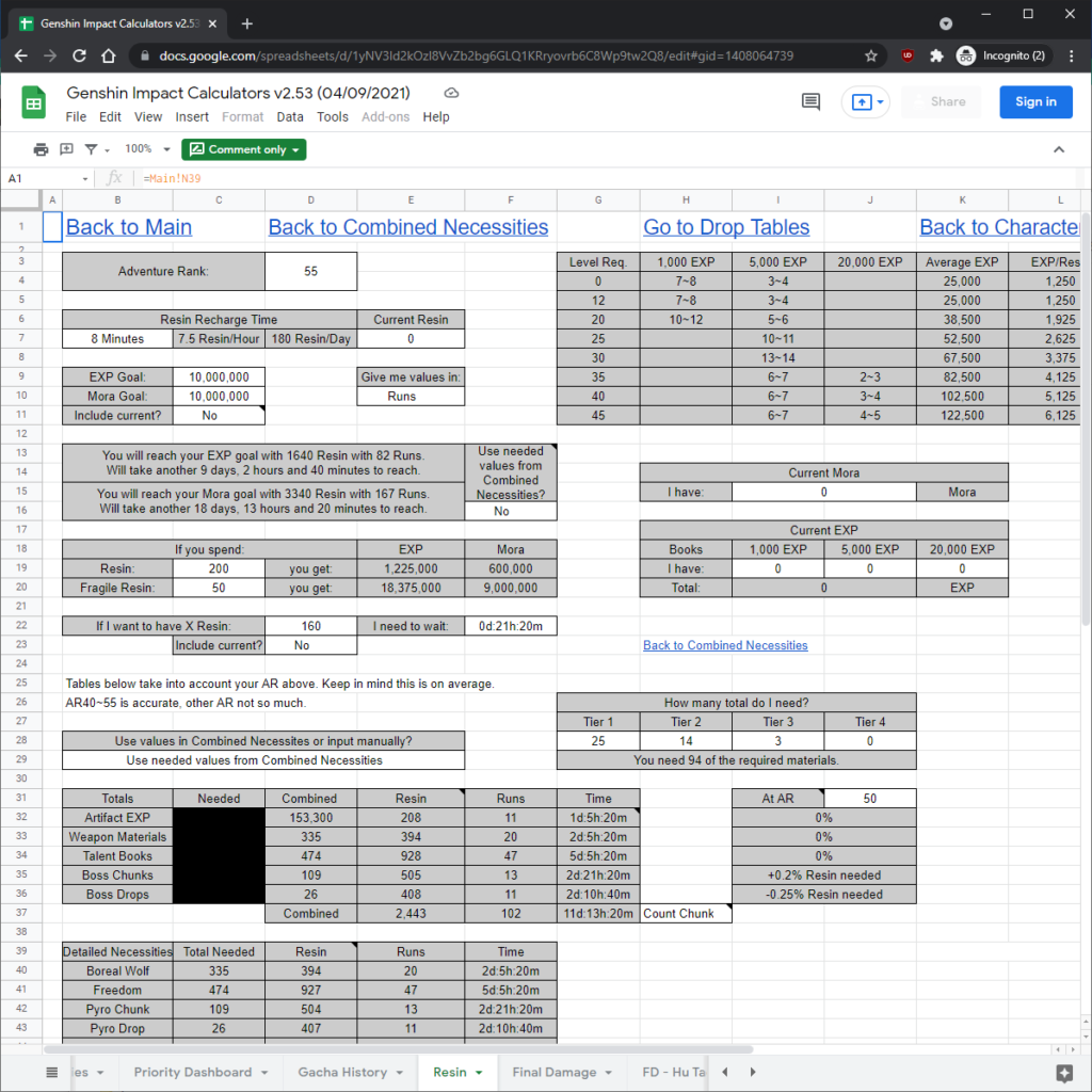 Genshin Impact Calculators GenSheets